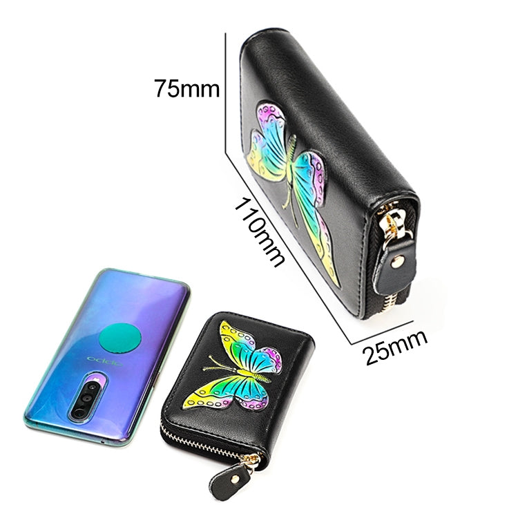 KB152 Butterfly Pattern Zipper Cowhide Leather Organ Shape Multiple Card Slots Anti-magnetic RFID Wallet for Ladies, KB152 Silver, KB152 Colour, KB152 Blue, KB152 Purple
