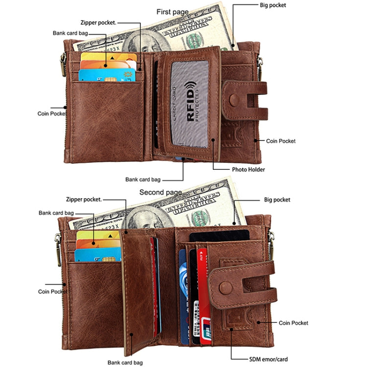 Genuine Cowhide Leather Crazy Horse Texture Zipper 3-folding Card Holder Wallet RFID Blocking Coin Purse Card Bag Protect Case for Men, Size: 12*9.5*3.5cm