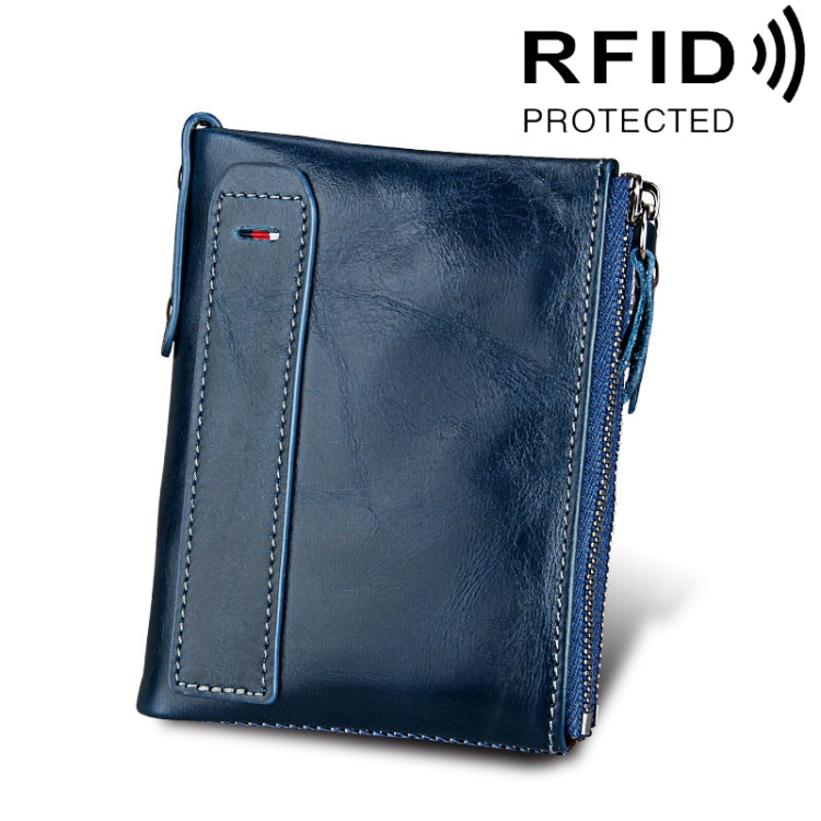 Genuine Cowhide Leather Crazy Horse Texture Dual Zipper Short Style Card Holder Wallet RFID Blocking Card Bag Protect Case for Men, Size: 12.1*9.4*2.7cm