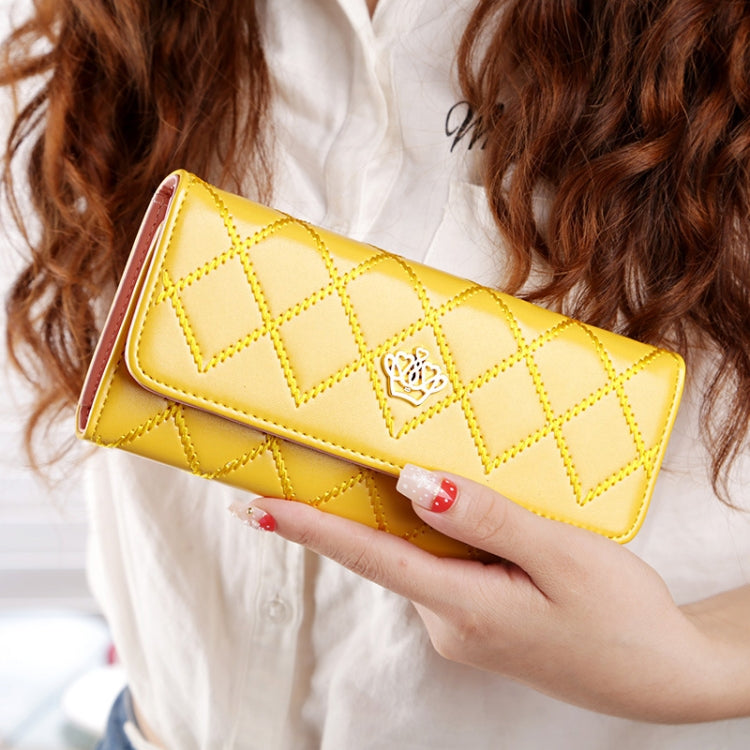 Fashion Argyles Texture Metal Crown 3-Folding Long Design PU Leather Wallet Coin Purse for Women