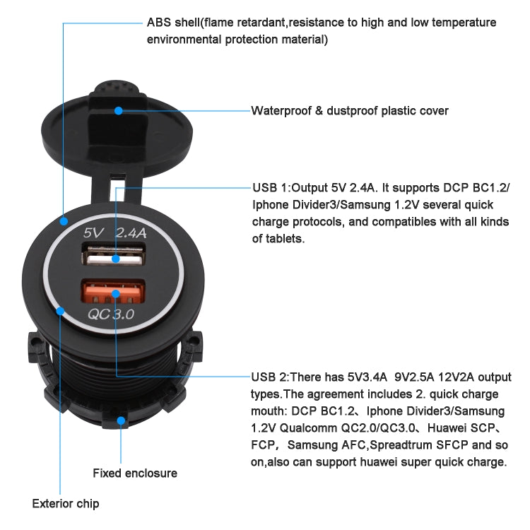 Universal Car QC3.0 Dual Port USB Charger Power Outlet Adapter 5V 2.4A IP66 with 60cm Cable, 2.4A + 60cm Cable (White Light), 2.4A + 60cm Cable(Blue Light), 2.4A + 60cm Cable (Green Light), 2.4A + 60cm Cable (Orange Light), 2.4A + 60cm Cable (Red Light)