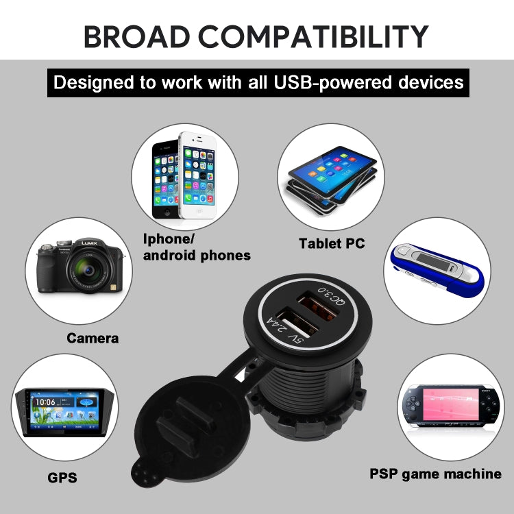 Universal Car QC3.0 Dual Port USB Charger Power Outlet Adapter 5V 2.4A IP66 with 60cm Cable, 2.4A + 60cm Cable (White Light), 2.4A + 60cm Cable(Blue Light), 2.4A + 60cm Cable (Green Light), 2.4A + 60cm Cable (Orange Light), 2.4A + 60cm Cable (Red Light)
