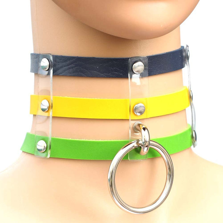 Harajuku Fashion Punk Gothic Rivets Collar Hand 3-rows Caged Leather Collar Necklace, (Dark Blue+Yellow+Green), (Magenta), (Dark Blue+Yellow+Dark Blue), Black, (Red+Green+Red), (Yellow), Coffee, (Purple), (Brown), 黑+红+黄, (Red+Dark Blue+Red), DHXQ, (Red...