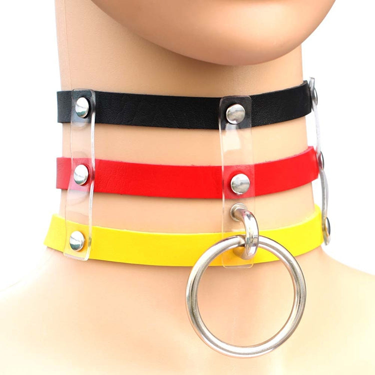 Harajuku Fashion Punk Gothic Rivets Collar Hand 3-rows Caged Leather Collar Necklace, (Dark Blue+Yellow+Green), (Magenta), (Dark Blue+Yellow+Dark Blue), Black, (Red+Green+Red), (Yellow), Coffee, (Purple), (Brown), 黑+红+黄, (Red+Dark Blue+Red), DHXQ, (Red...