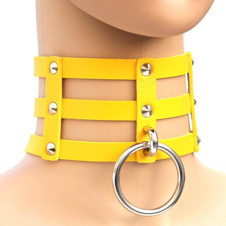 Harajuku Fashion Punk Gothic Rivets Collar Hand 3-rows Caged Leather Collar Necklace, (Dark Blue+Yellow+Green), (Magenta), (Dark Blue+Yellow+Dark Blue), Black, (Red+Green+Red), (Yellow), Coffee, (Purple), (Brown), 黑+红+黄, (Red+Dark Blue+Red), DHXQ, (Red...