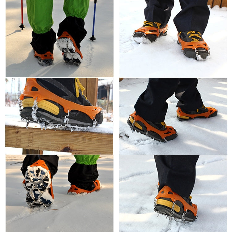 One Pair 8 Teeth Anti-Slip Ice Gripper Hiking Climbing Chain Shoes Covers, 8 Teeth Black, 8 Teeth Orange