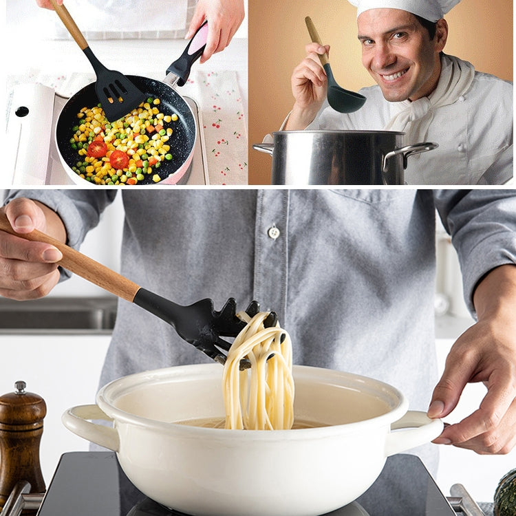 kn020 11 in 1 Wooden Handle Silicone Non-stick Spatula Spoon Kitchen Tool Set, 11 in 1