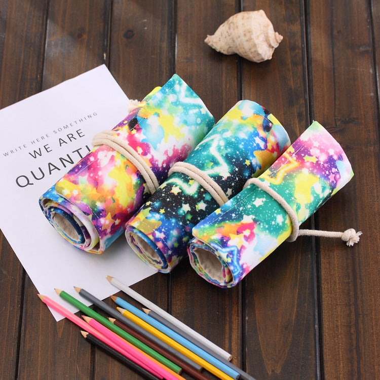 36 Slots Starry Sky Print Pen Bag Canvas Pencil Wrap Curtain Roll Up Pencil Case Stationery Pouch, 36 Slots