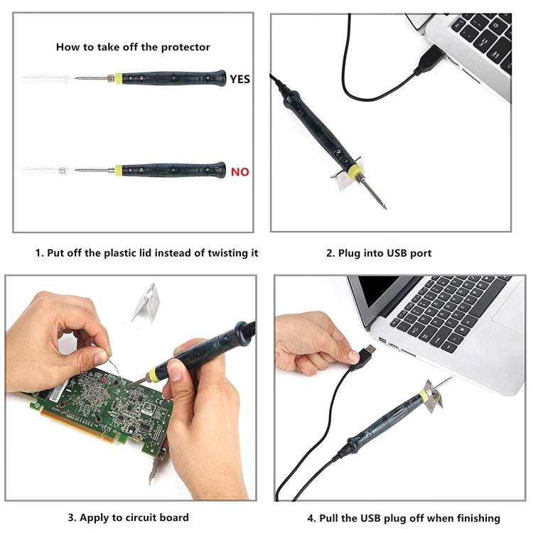 Portable USB Powered Soldering Iron Pen 5V 8W Long Life Tip + Touch Switch Protective Cap Auto Shut Off 25 second, ZD-20U
