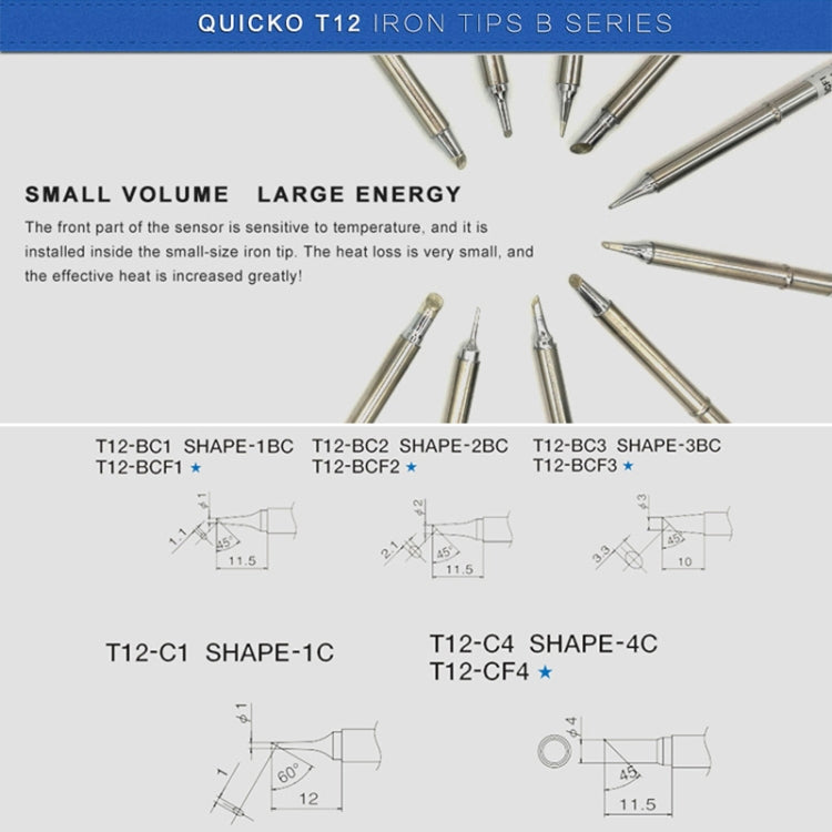 QUICKO T12-BCF3 Lead-free Soldering Iron Tip, T12-BC1, T12-BC1.5, T12-BC2, T12-BC3, T12-BCF1, T12-BCF2, T12-BCF3