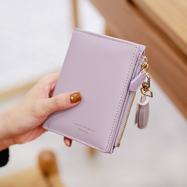 Brief Design Bifold Tassel Women Wallet PU Leather Short Credit Card Holder Purse