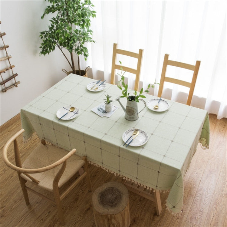 Square Lattice Embroidered Tablecloth Pure Color Cotton Linen Tassel Rectangular Coffee Table Mat, 140x220cm, 140x240cm, 140x260cm, 140x300cm