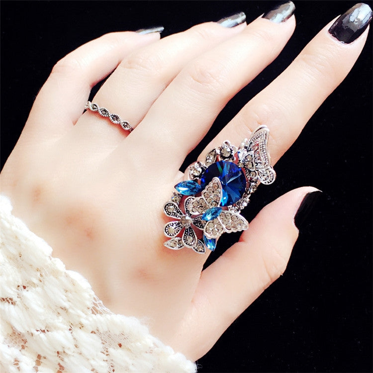 2 PCS/Set Women Fashion Retro Palace Gemstone Crystal Butterfly Ring, Purple