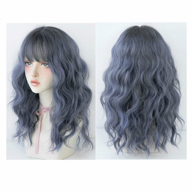Women's Wool Long Hair With Bangs Natural Fluffy Wig, Haze Blue (Black On Top ) 54CM, Cold Brown 54CM