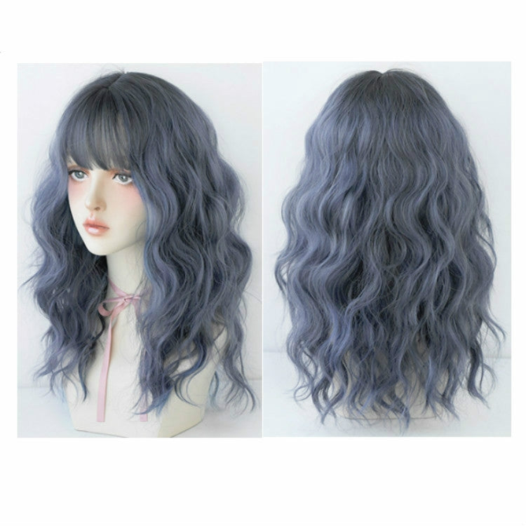 Women's Wool Long Hair With Bangs Natural Fluffy Wig, Haze Blue (Black On Top ) 54CM, Cold Brown 54CM