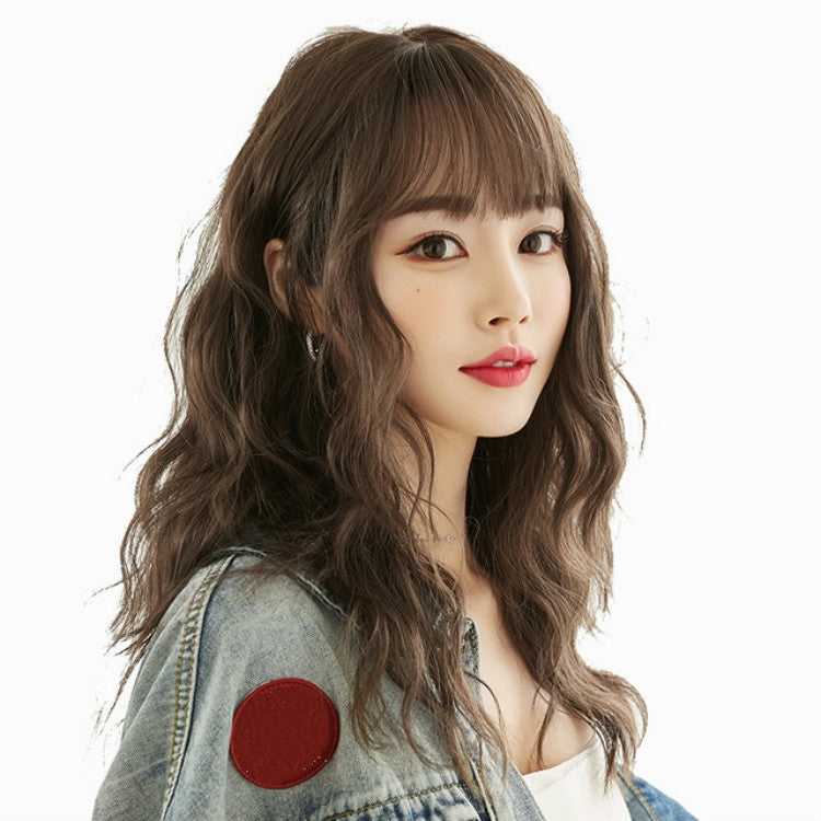 Women's Wool Long Hair With Bangs Natural Fluffy Wig, Haze Blue (Black On Top ) 54CM, Cold Brown 54CM