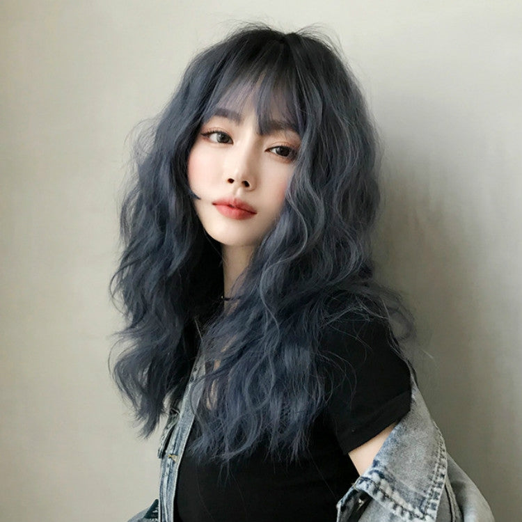Women's Wool Long Hair With Bangs Natural Fluffy Wig, Haze Blue (Black On Top ) 54CM, Cold Brown 54CM