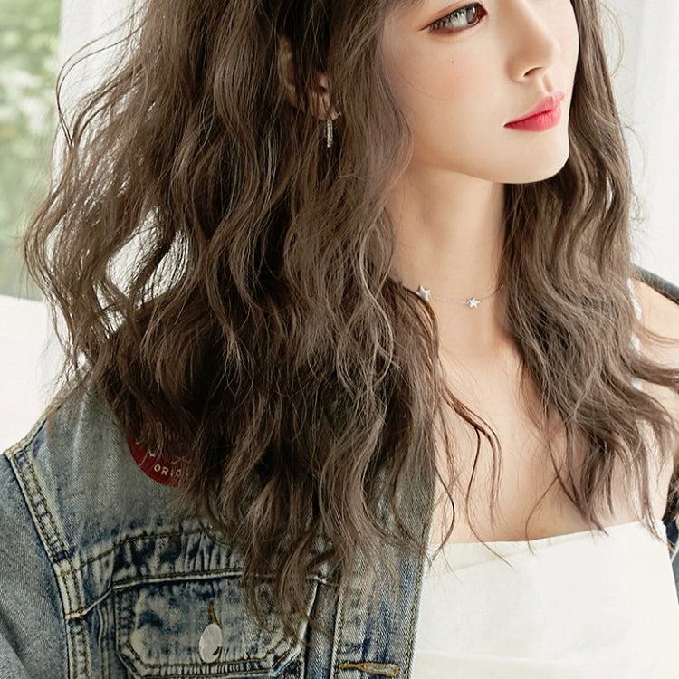 Women's Wool Long Hair With Bangs Natural Fluffy Wig, Haze Blue (Black On Top ) 54CM, Cold Brown 54CM