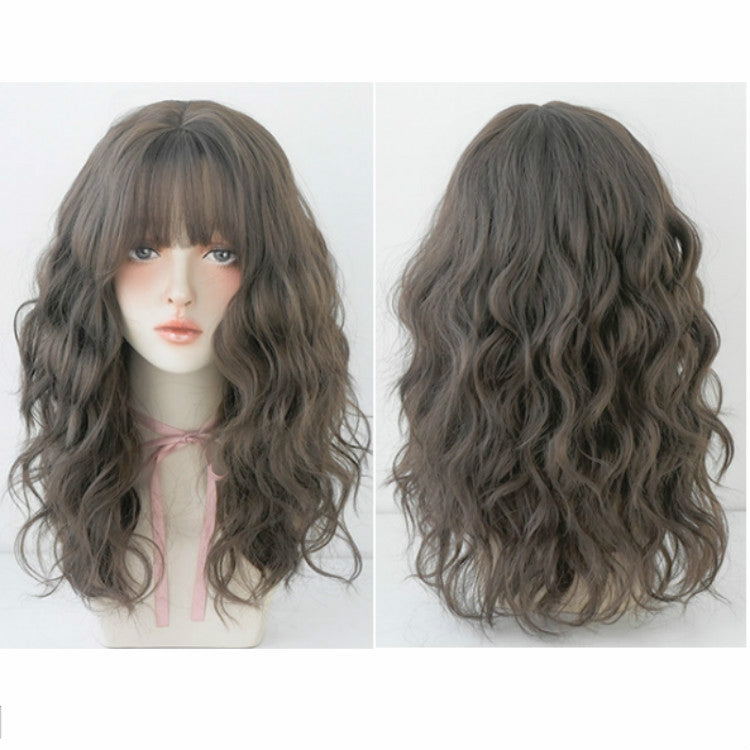 Women's Wool Long Hair With Bangs Natural Fluffy Wig, Haze Blue (Black On Top ) 54CM, Cold Brown 54CM