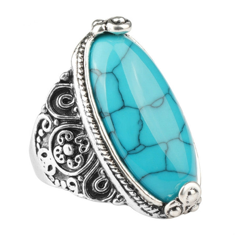 Fashion Vintage Oval Turquoise Flower Ring Women Antique Silver Jewelry, 7, 8, 10