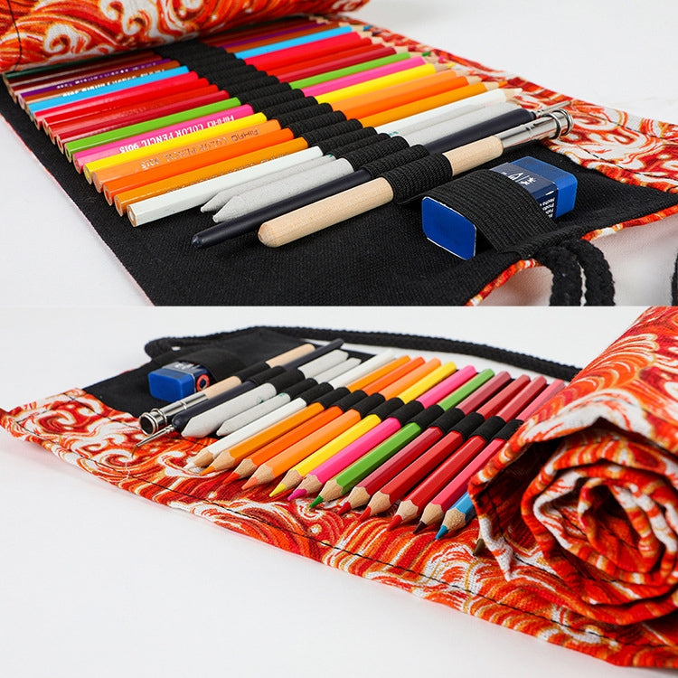 Golden Red Sea Wave Printing Roller Pencil Case Large Capacity Pencilcase Canvas Big Pen Bag