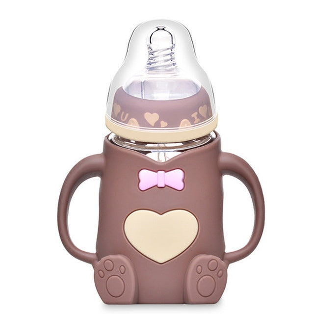Baby Silicone Glass Bottles Drop-proof and Flatulence-proof Glass Baby Bottle