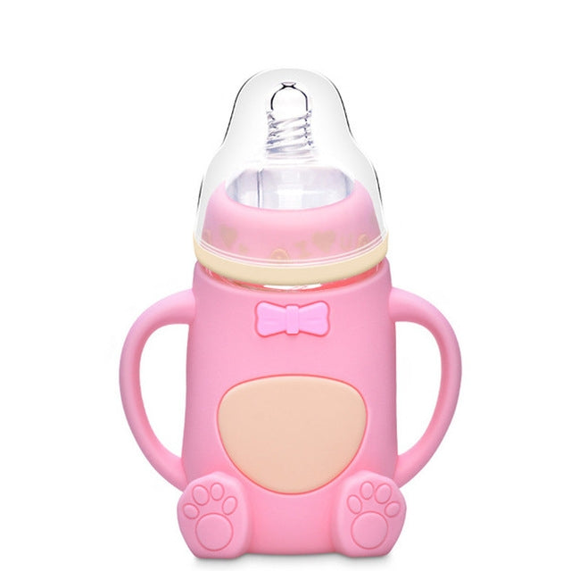 Baby Silicone Glass Bottles Drop-proof and Flatulence-proof Glass Baby Bottle