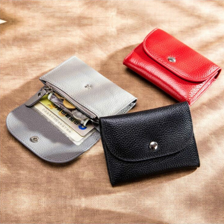 Short Mini Slim Top-grain Leather Wallet Card Bag Zip Coin Pocket, Gray, Black, Blue, Pink, Big Red