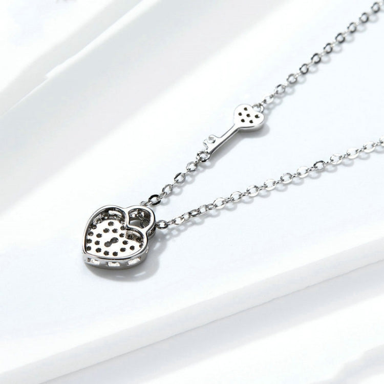 S925 Sterling Silver Platinum Plated Heart Lock Necklace Girls White Inlaid Zircon Key Jewelry, SCN315