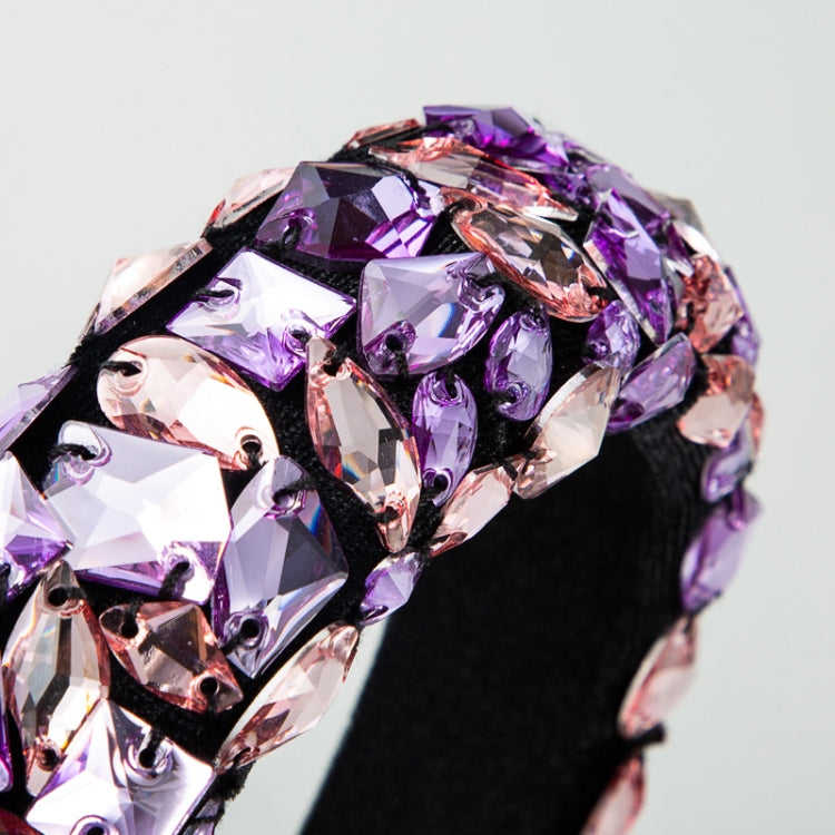 Gold Velvet Headband High-end Color Full Rhinestone Handmade Wide-brimmed Headband, Color, AB White, Purple Pink