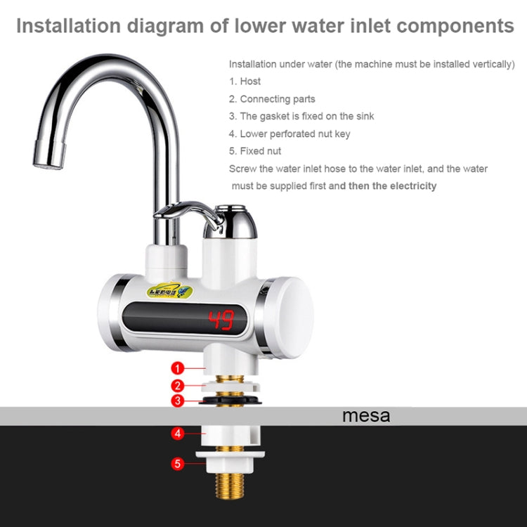 220V Kitchen Tankless Water Heater Instant Electric Faucet Electric Heater Tap with Temperature Display, Water from below, Water from side
