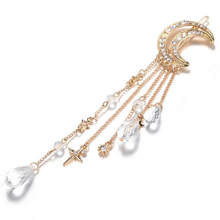 Fashion Elegant Women Lady Moon Rhinestone Crystal Tassel Long Chain Beads Dangle Hairpin Hair Clip Hair Jewelry, Gold, Silver, Rose Gold, Bronze
