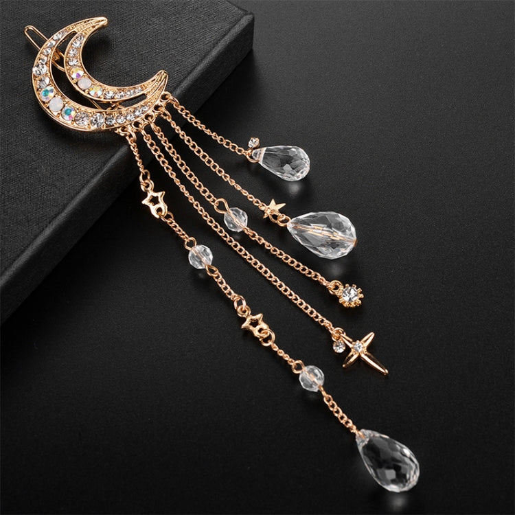 Fashion Elegant Women Lady Moon Rhinestone Crystal Tassel Long Chain Beads Dangle Hairpin Hair Clip Hair Jewelry, Gold, Silver, Rose Gold, Bronze