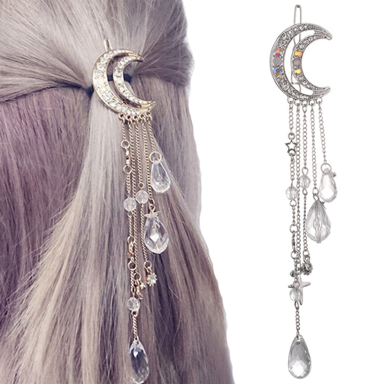 Fashion Elegant Women Lady Moon Rhinestone Crystal Tassel Long Chain Beads Dangle Hairpin Hair Clip Hair Jewelry, Gold, Silver, Rose Gold, Bronze