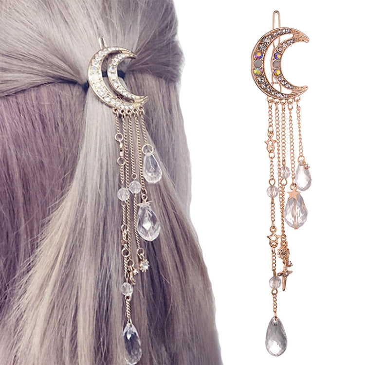 Fashion Elegant Women Lady Moon Rhinestone Crystal Tassel Long Chain Beads Dangle Hairpin Hair Clip Hair Jewelry, Gold, Silver, Rose Gold, Bronze