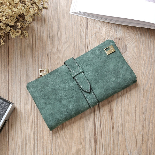 Solid Drawstring Nubuck Leather Zipper Long Women Wallet Phone Bag Purse Card Holder