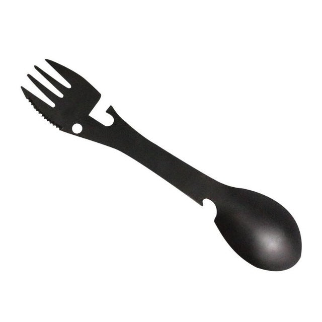 2 PCS  5 in 1 Multi-functional Outdoor Tools Stainless Steel Camping Survival EDC Kit Practical Fork Knife Spoon Bottle/Can Opener