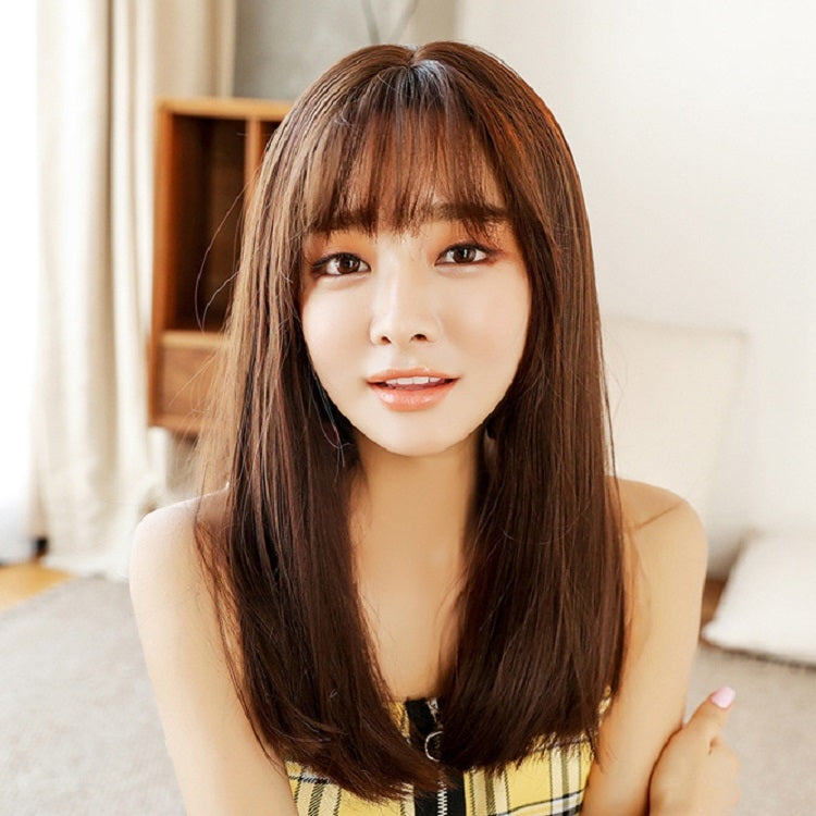 Realistic Long Straight Hair Wig Synthetic Fiber Headgear For Women, Short Cold Brown 45CM