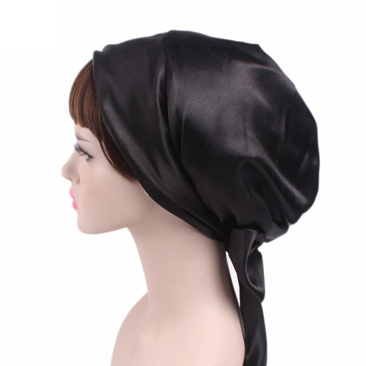 TJM-226 Ladies Satin Print Ribbon Bow Turban Hat Night Cap Silk Chemotherapy Hat Long Tail Braid Hat, Purple, Black, Pink, Royal Blue, Leopard, Big Black Flower, Rose Red Flower, Big Beige Flower, White Black Spots, Red Wine, Khaki, Light Purple       ...