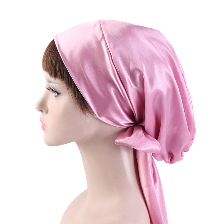 TJM-226 Ladies Satin Print Ribbon Bow Turban Hat Night Cap Silk Chemotherapy Hat Long Tail Braid Hat, Purple, Black, Pink, Royal Blue, Leopard, Big Black Flower, Rose Red Flower, Big Beige Flower, White Black Spots, Red Wine, Khaki, Light Purple       ...
