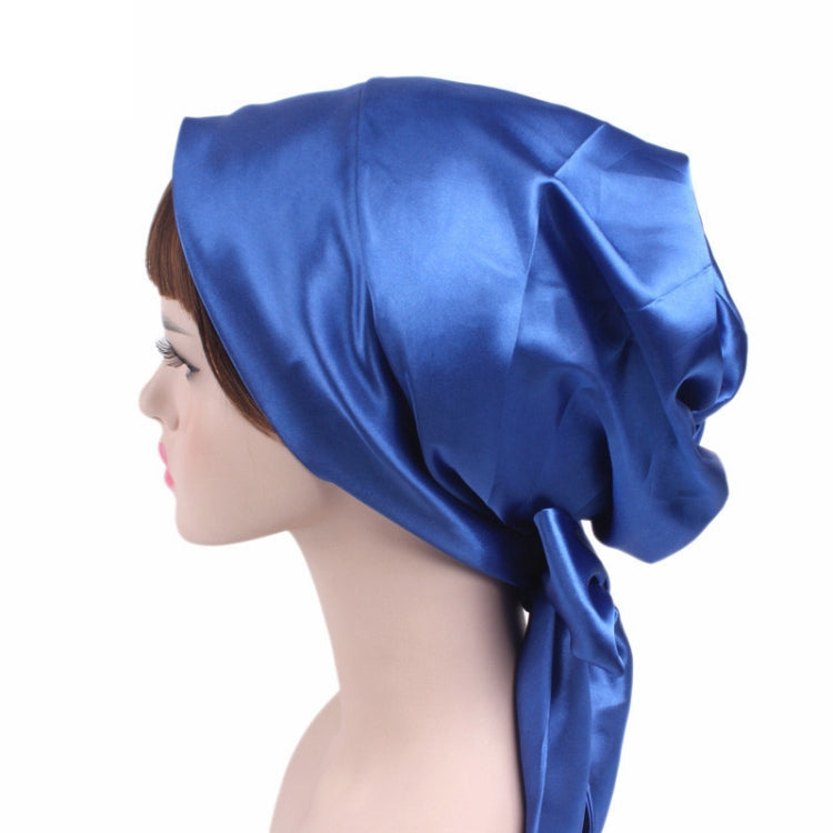 TJM-226 Ladies Satin Print Ribbon Bow Turban Hat Night Cap Silk Chemotherapy Hat Long Tail Braid Hat, Purple, Black, Pink, Royal Blue, Leopard, Big Black Flower, Rose Red Flower, Big Beige Flower, White Black Spots, Red Wine, Khaki, Light Purple       ...