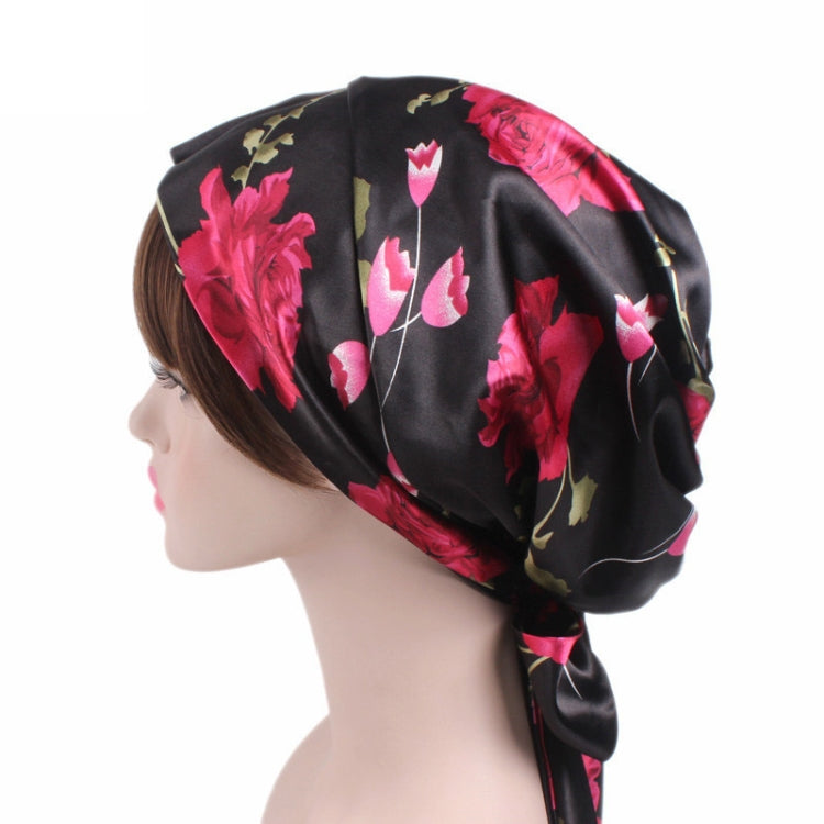 TJM-226 Ladies Satin Print Ribbon Bow Turban Hat Night Cap Silk Chemotherapy Hat Long Tail Braid Hat, Purple, Black, Pink, Royal Blue, Leopard, Big Black Flower, Rose Red Flower, Big Beige Flower, White Black Spots, Red Wine, Khaki, Light Purple       ...