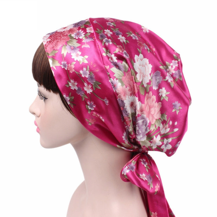 TJM-226 Ladies Satin Print Ribbon Bow Turban Hat Night Cap Silk Chemotherapy Hat Long Tail Braid Hat, Purple, Black, Pink, Royal Blue, Leopard, Big Black Flower, Rose Red Flower, Big Beige Flower, White Black Spots, Red Wine, Khaki, Light Purple       ...