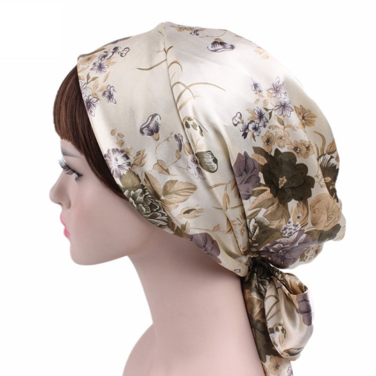 TJM-226 Ladies Satin Print Ribbon Bow Turban Hat Night Cap Silk Chemotherapy Hat Long Tail Braid Hat, Purple, Black, Pink, Royal Blue, Leopard, Big Black Flower, Rose Red Flower, Big Beige Flower, White Black Spots, Red Wine, Khaki, Light Purple       ...