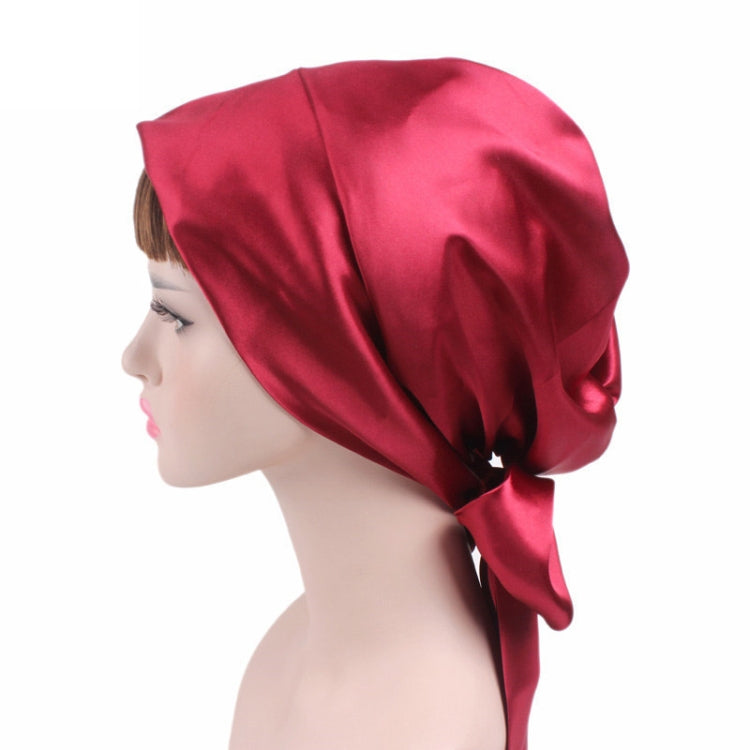 TJM-226 Ladies Satin Print Ribbon Bow Turban Hat Night Cap Silk Chemotherapy Hat Long Tail Braid Hat, Purple, Black, Pink, Royal Blue, Leopard, Big Black Flower, Rose Red Flower, Big Beige Flower, White Black Spots, Red Wine, Khaki, Light Purple       ...