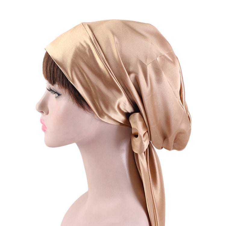 TJM-226 Ladies Satin Print Ribbon Bow Turban Hat Night Cap Silk Chemotherapy Hat Long Tail Braid Hat, Purple, Black, Pink, Royal Blue, Leopard, Big Black Flower, Rose Red Flower, Big Beige Flower, White Black Spots, Red Wine, Khaki, Light Purple       ...