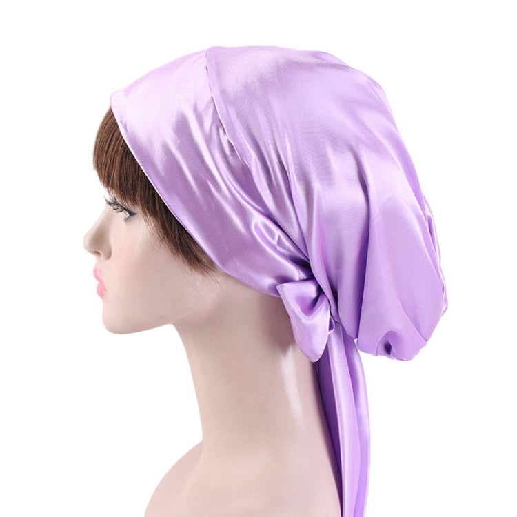 TJM-226 Ladies Satin Print Ribbon Bow Turban Hat Night Cap Silk Chemotherapy Hat Long Tail Braid Hat, Purple, Black, Pink, Royal Blue, Leopard, Big Black Flower, Rose Red Flower, Big Beige Flower, White Black Spots, Red Wine, Khaki, Light Purple       ...