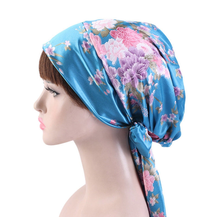 TJM-226 Ladies Satin Print Ribbon Bow Turban Hat Night Cap Silk Chemotherapy Hat Long Tail Braid Hat, Purple, Black, Pink, Royal Blue, Leopard, Big Black Flower, Rose Red Flower, Big Beige Flower, White Black Spots, Red Wine, Khaki, Light Purple       ...