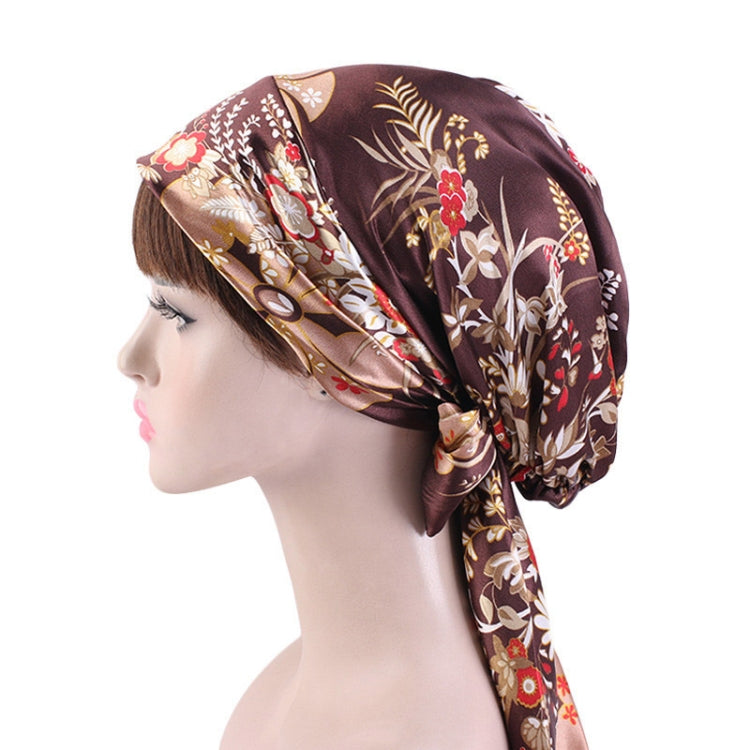 TJM-226 Ladies Satin Print Ribbon Bow Turban Hat Night Cap Silk Chemotherapy Hat Long Tail Braid Hat, Purple, Black, Pink, Royal Blue, Leopard, Big Black Flower, Rose Red Flower, Big Beige Flower, White Black Spots, Red Wine, Khaki, Light Purple       ...