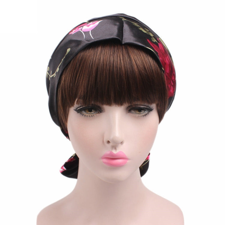 TJM-226 Ladies Satin Print Ribbon Bow Turban Hat Night Cap Silk Chemotherapy Hat Long Tail Braid Hat, Purple, Black, Pink, Royal Blue, Leopard, Big Black Flower, Rose Red Flower, Big Beige Flower, White Black Spots, Red Wine, Khaki, Light Purple       ...